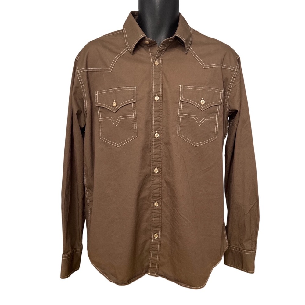 Coofandy Western Shirt Mens Large Brown Excellent Contrast‎ Stitch Cotton